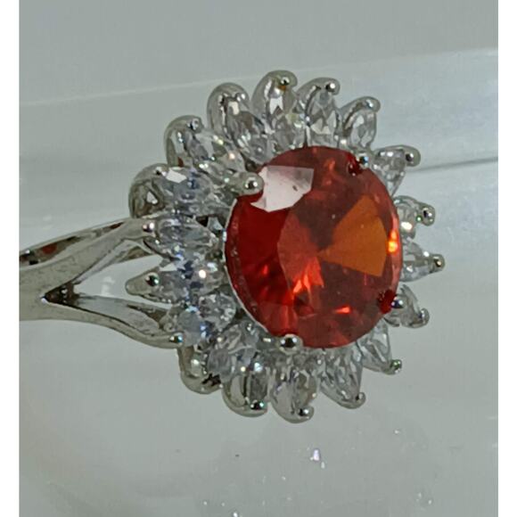 Vintage Ring Size 6.5 Silver Tone White Gold GP Orange CZ Cluster Cocktail NOS - Picture 2 of 9